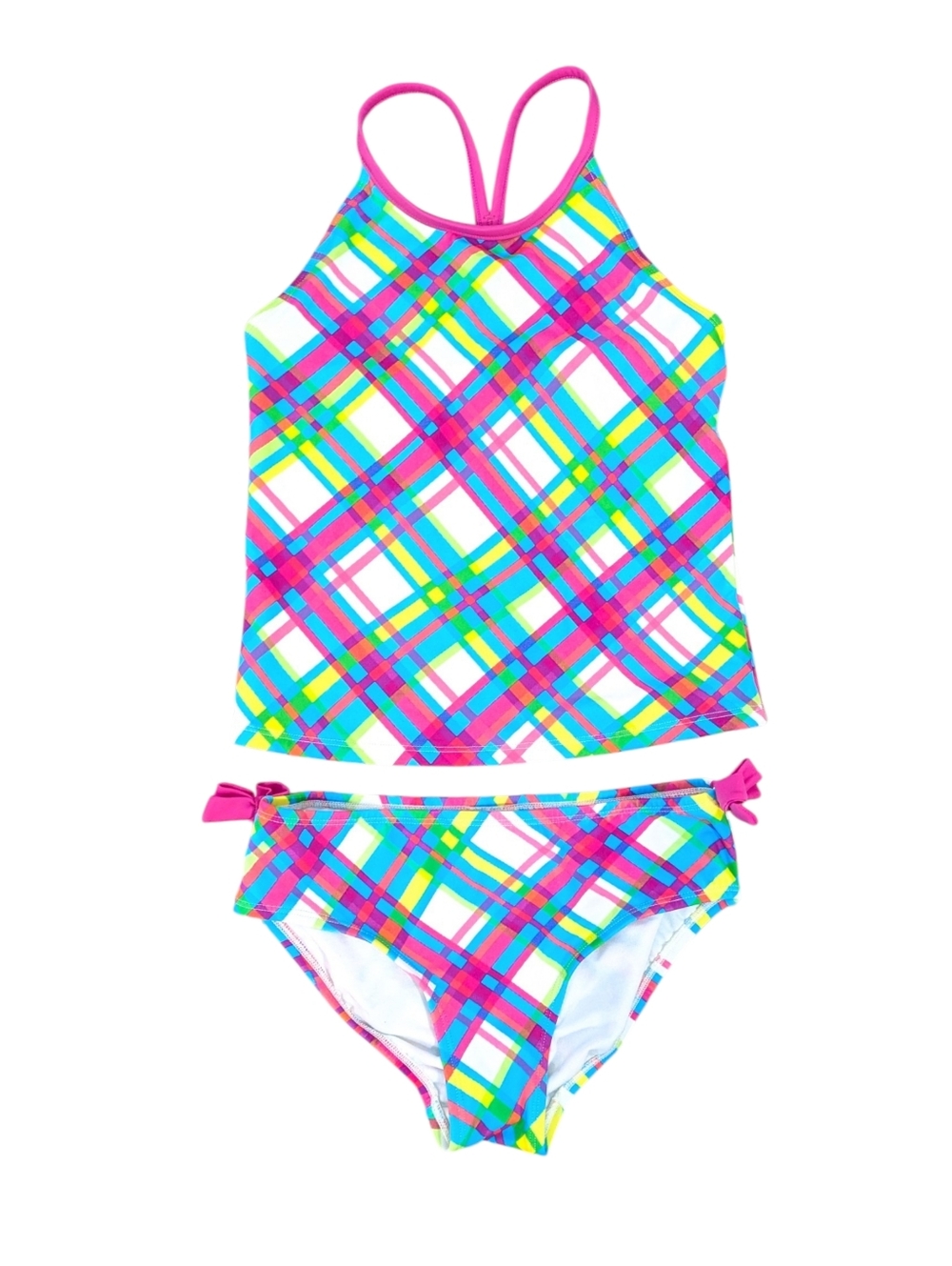 L.L. Bean Girls Plaid Tankini - UPF 50+ - Size 10 Girls - Pink Blue White Yellow